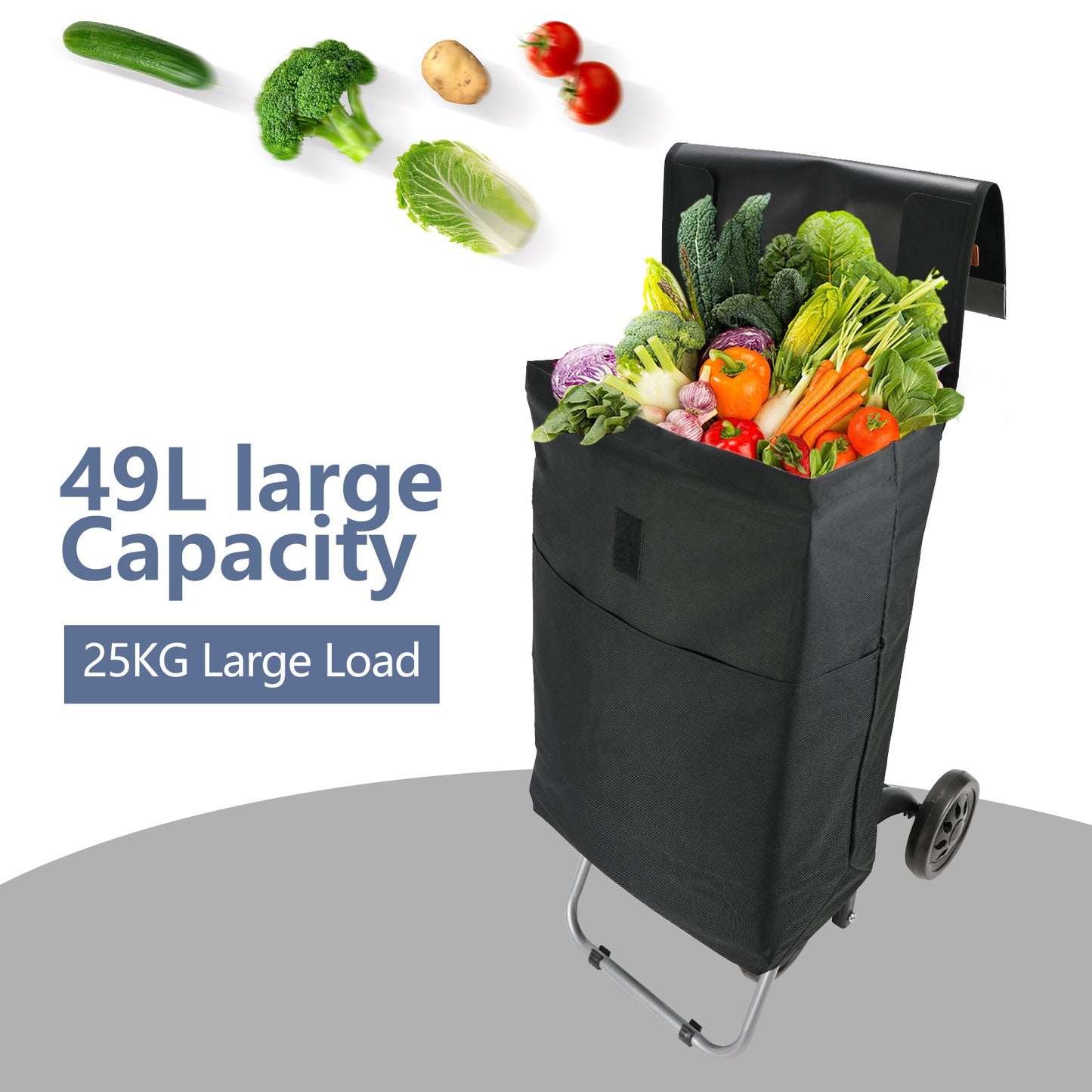 Lightweight Foldable Shopping Trolley Cart with Waterproof Bag, Adjustable Wheels and Storage Pockets for Groceries, Picnic, Travel, Shopping