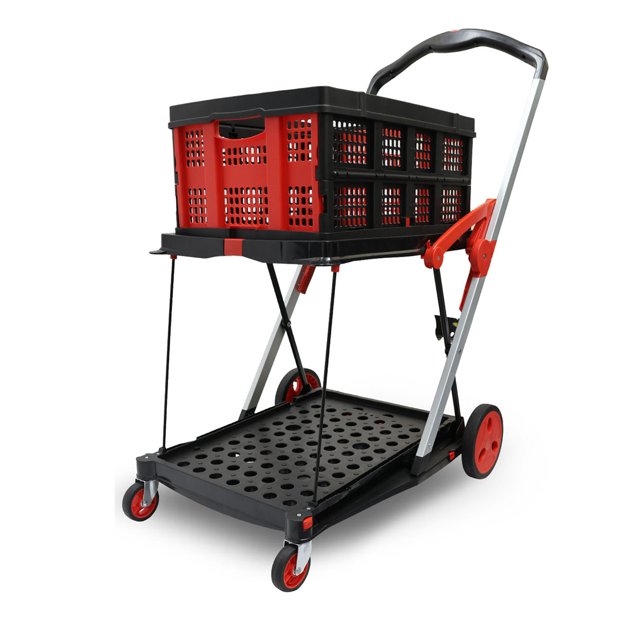 Heavy Duty Shopping Trolley 2-Tier Foldable Utility Cart with Removable Crates Lockable Wheels Foot Brake Swivel Casters Multi-Purpose Rolling Cart for Shopping Office Hospital and Warehouse