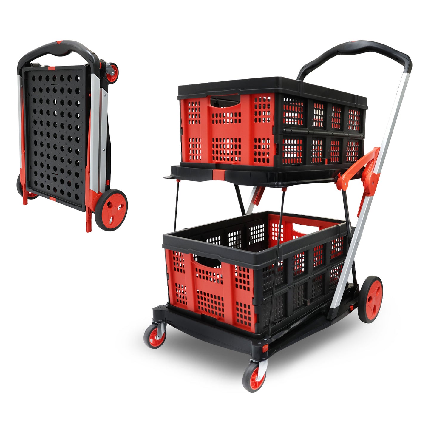 Heavy Duty Shopping Trolley 2-Tier Foldable Utility Cart with Removable Crates Lockable Wheels Foot Brake Swivel Casters Multi-Purpose Rolling Cart for Shopping Office Hospital and Warehouse