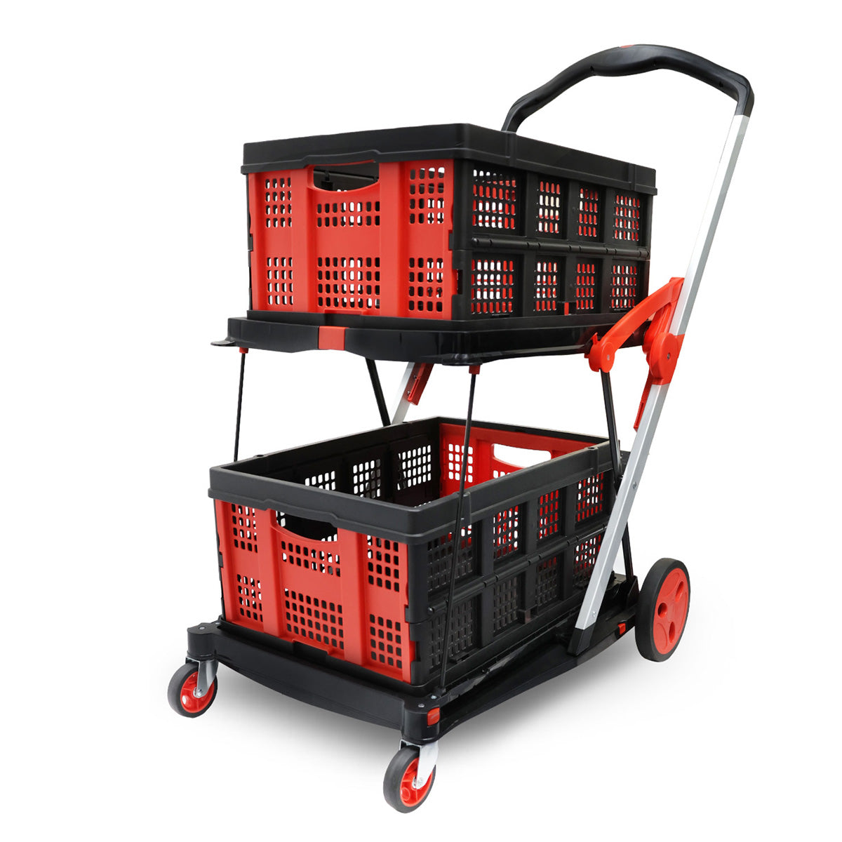 Heavy Duty Shopping Trolley 2-Tier Foldable Utility Cart with Removable Crates Lockable Wheels Foot Brake Swivel Casters Multi-Purpose Rolling Cart for Shopping Office Hospital and Warehouse