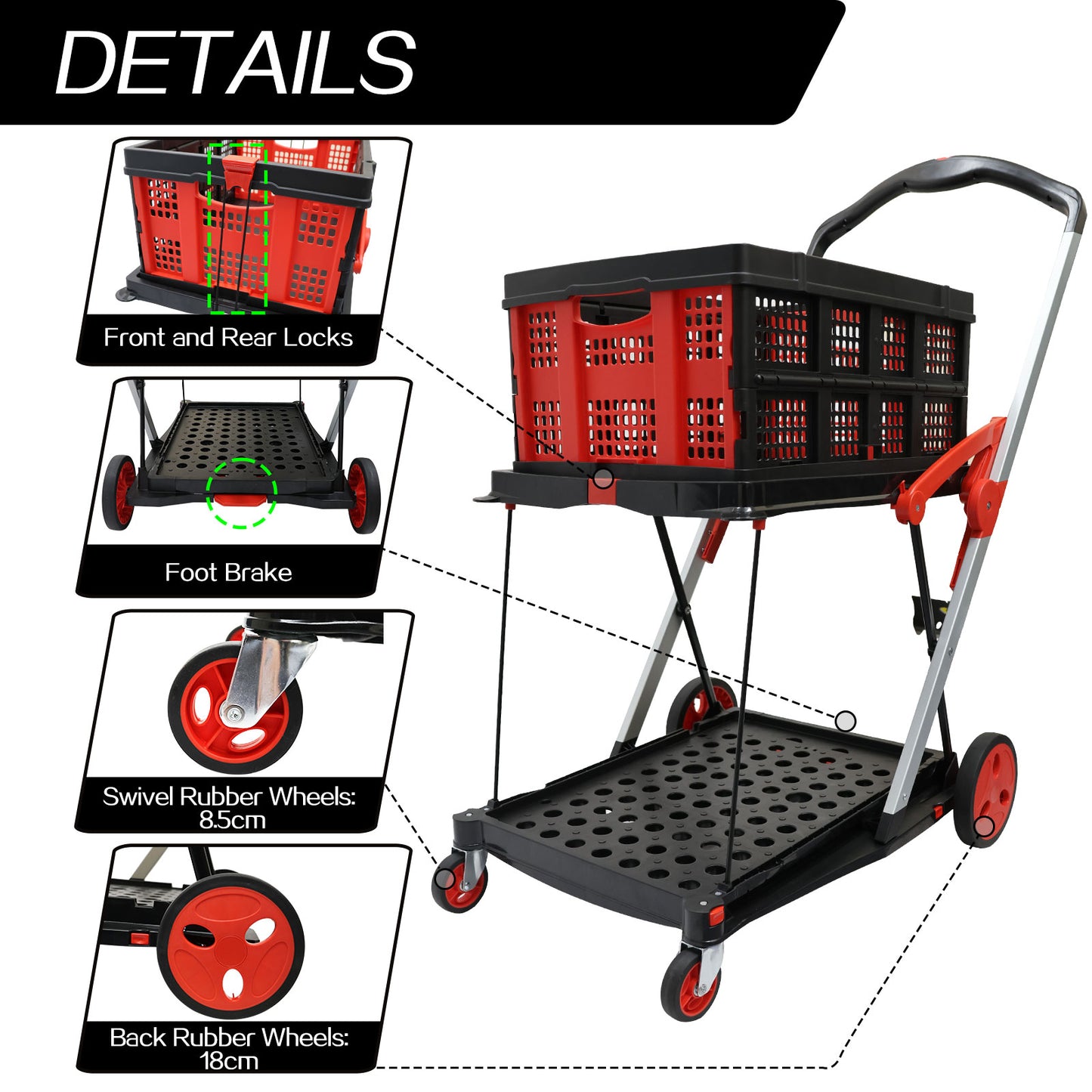 Heavy Duty Shopping Trolley 2-Tier Foldable Utility Cart with Removable Crates Lockable Wheels Foot Brake Swivel Casters Multi-Purpose Rolling Cart for Shopping Office Hospital and Warehouse