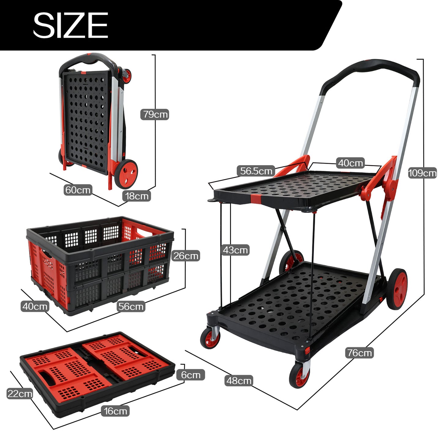 Heavy Duty Shopping Trolley 2-Tier Foldable Utility Cart with Removable Crates Lockable Wheels Foot Brake Swivel Casters Multi-Purpose Rolling Cart for Shopping Office Hospital and Warehouse