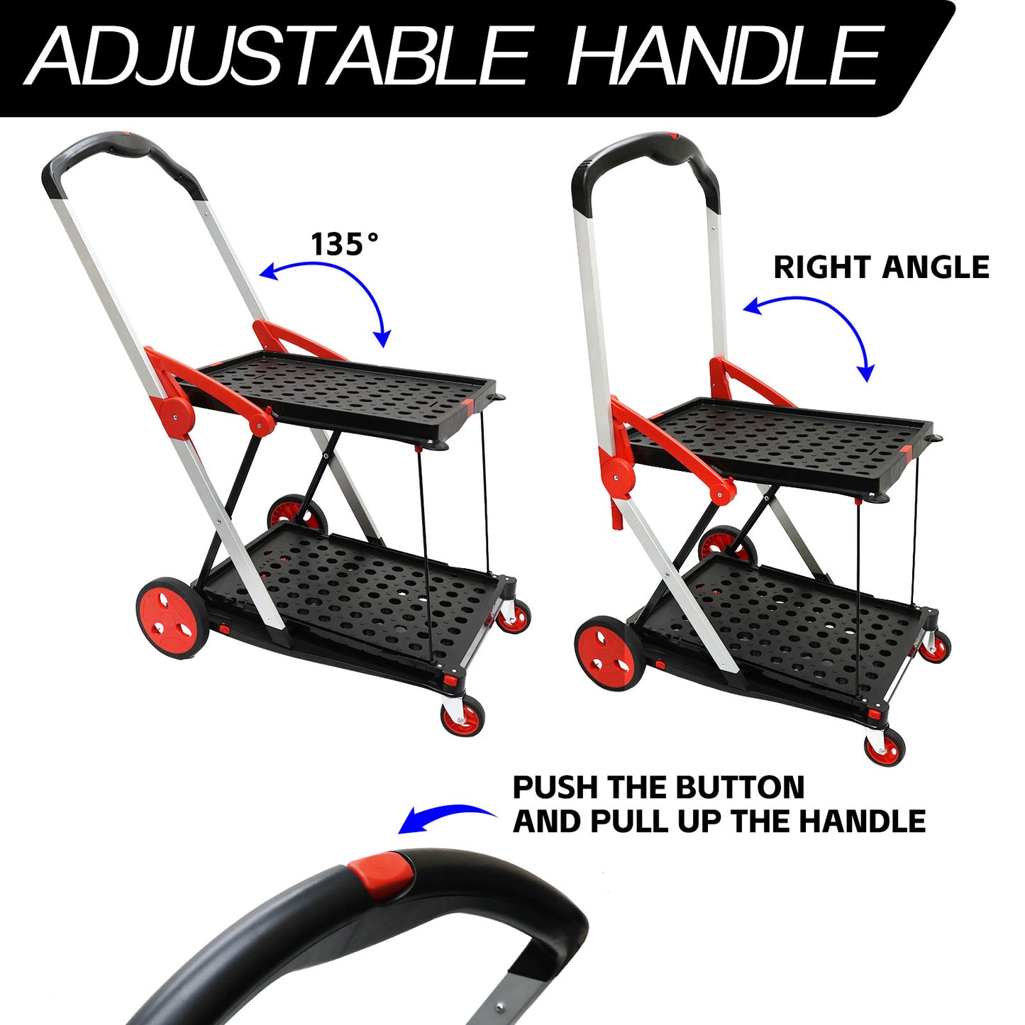 Heavy Duty Shopping Trolley 2-Tier Foldable Utility Cart with Removable Crates Lockable Wheels Foot Brake Swivel Casters Multi-Purpose Rolling Cart for Shopping Office Hospital and Warehouse