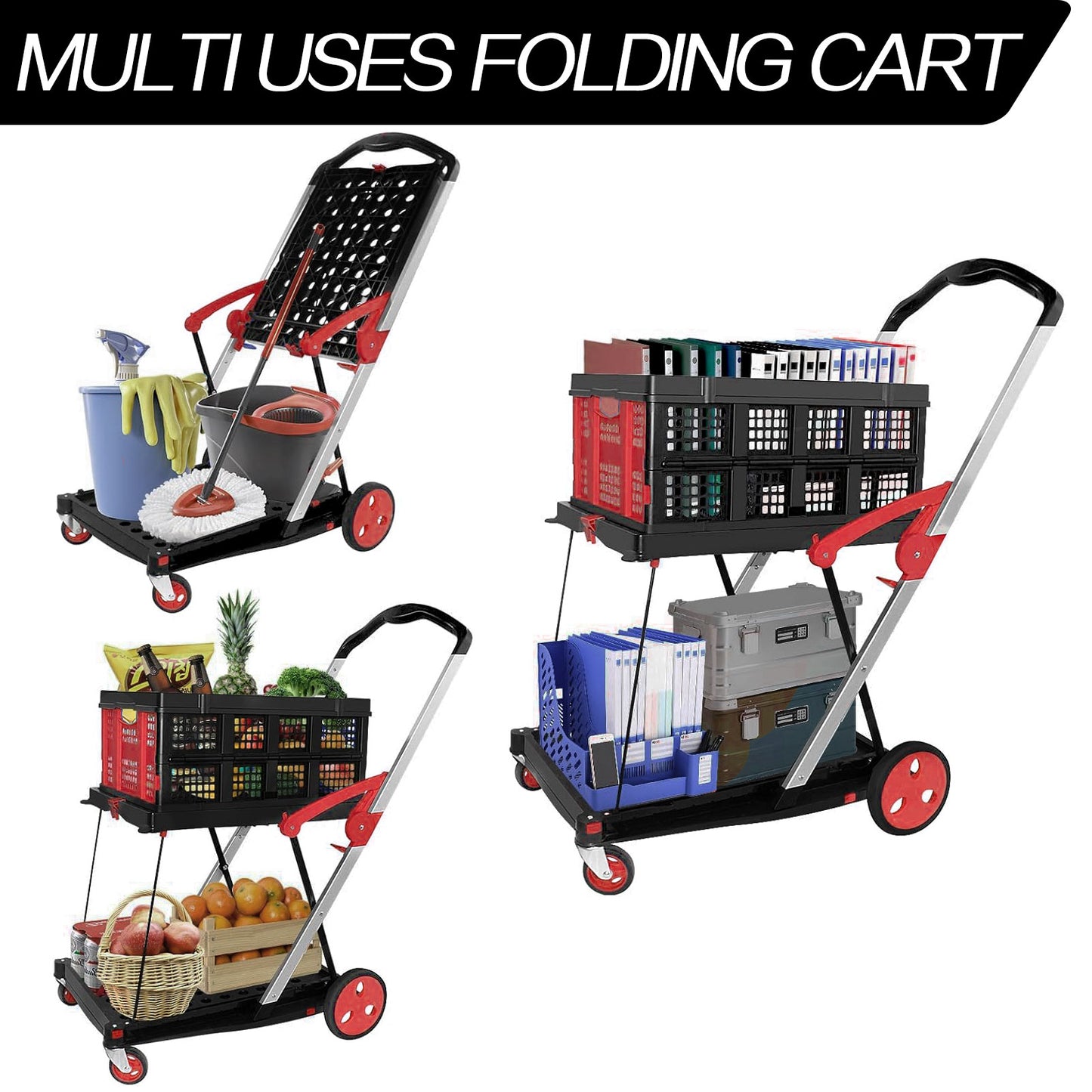 Heavy Duty Shopping Trolley 2-Tier Foldable Utility Cart with Removable Crates Lockable Wheels Foot Brake Swivel Casters Multi-Purpose Rolling Cart for Shopping Office Hospital and Warehouse