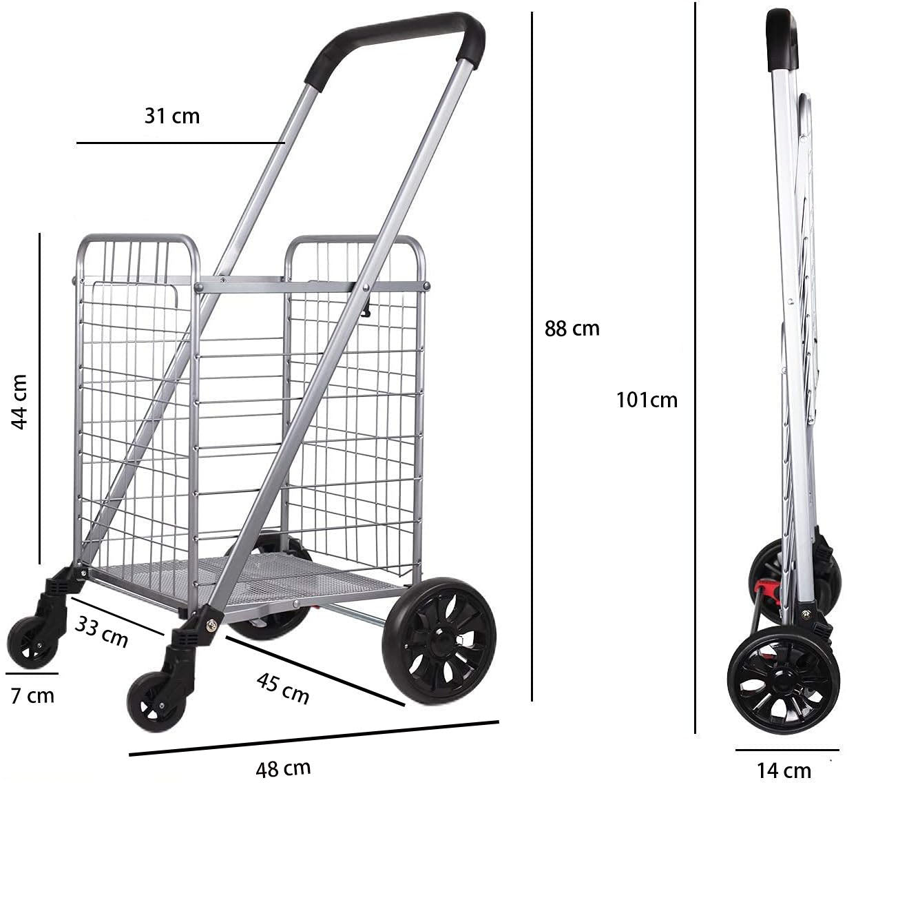 Heavy Duty Shopping Trolley Cart with Wheels and Brake Foldable Steel Mesh Base Grocery Cart for Market and Daily Shopping