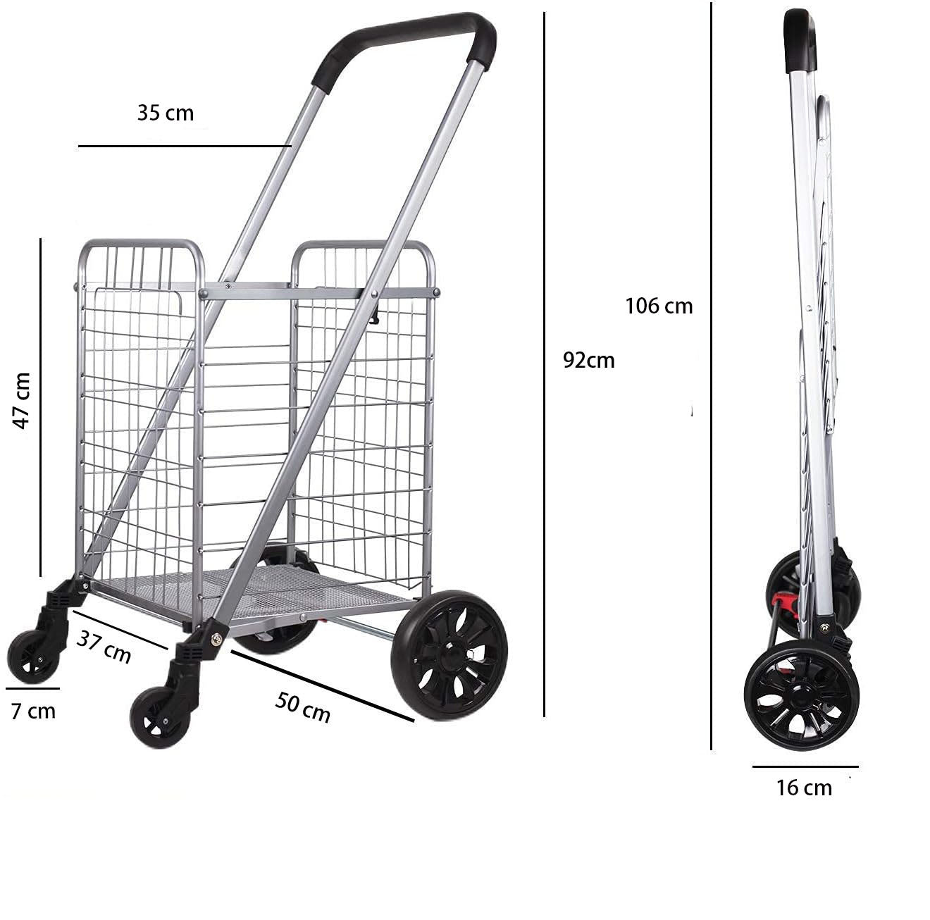 Heavy Duty Shopping Trolley Cart with Wheels and Brake Foldable Steel Mesh Base Grocery Cart for Market and Daily Shopping