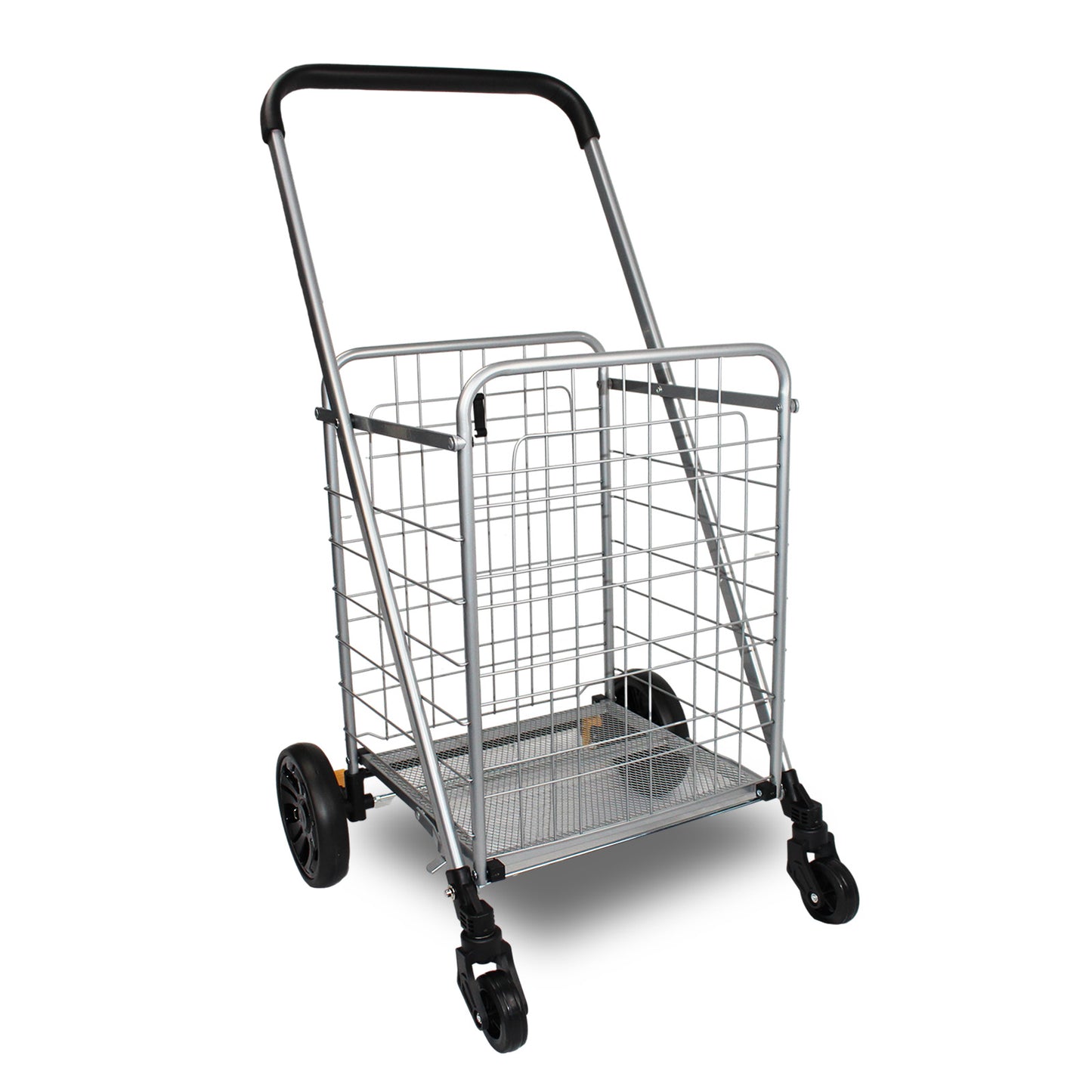 Heavy Duty Shopping Trolley Cart with Wheels and Brake Foldable Steel Mesh Base Grocery Cart for Market and Daily Shopping