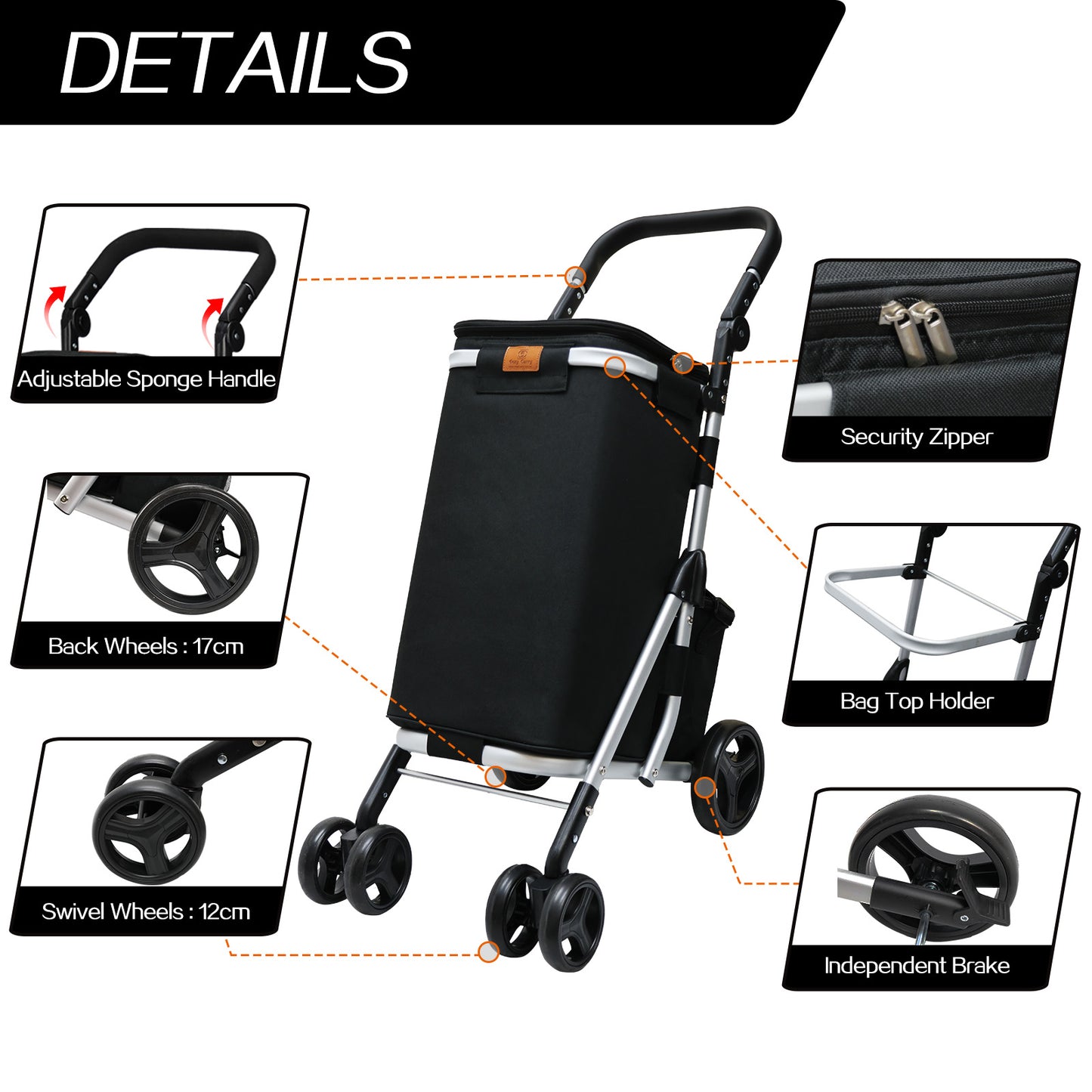Shopping Trolley with Cooler Bag Lightweight Foldable Grocery Cart with Brake Adjustable Handle for Supermarket, Picnic and Outdoor Use