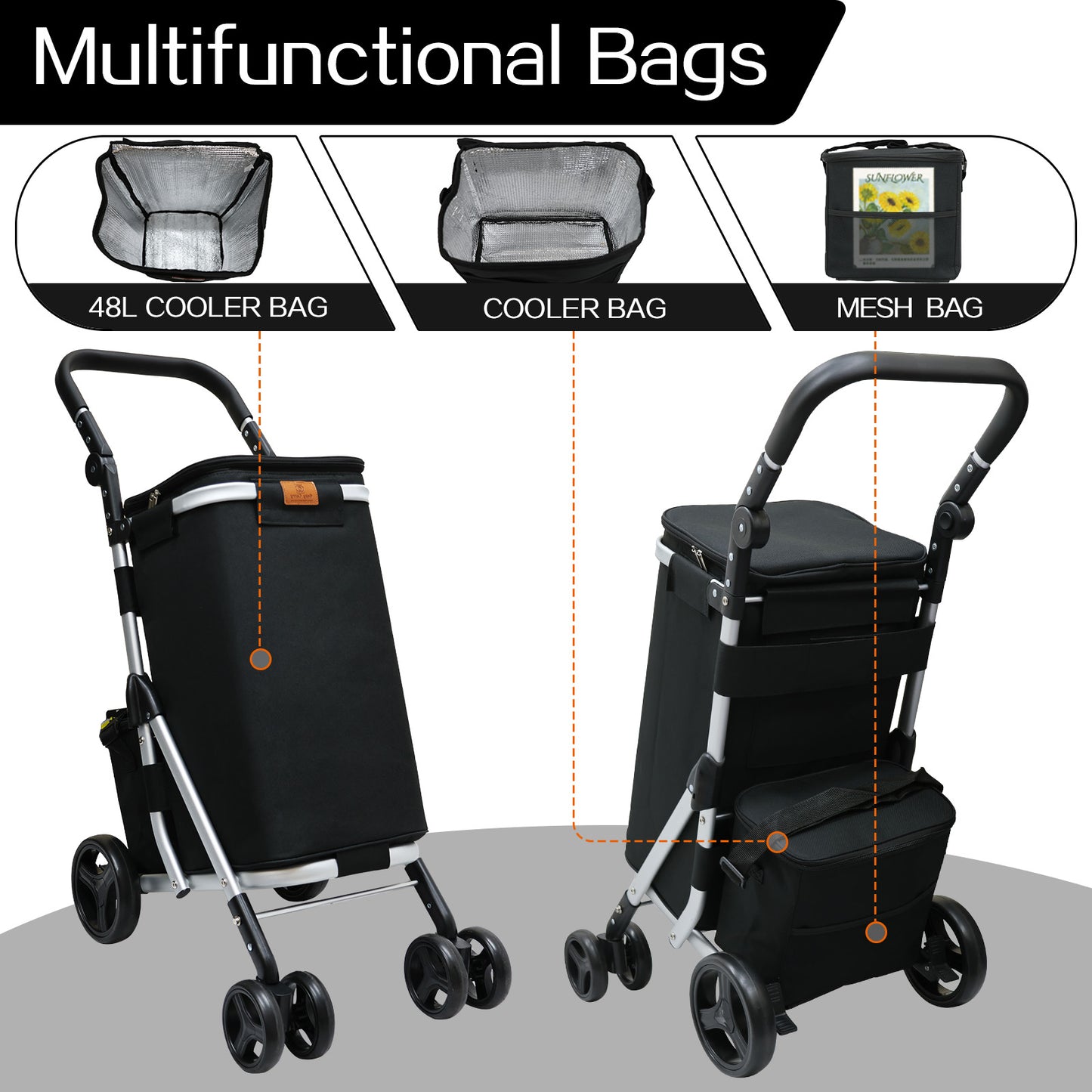 Shopping Trolley with Cooler Bag Lightweight Foldable Grocery Cart with Brake Adjustable Handle for Supermarket, Picnic and Outdoor Use