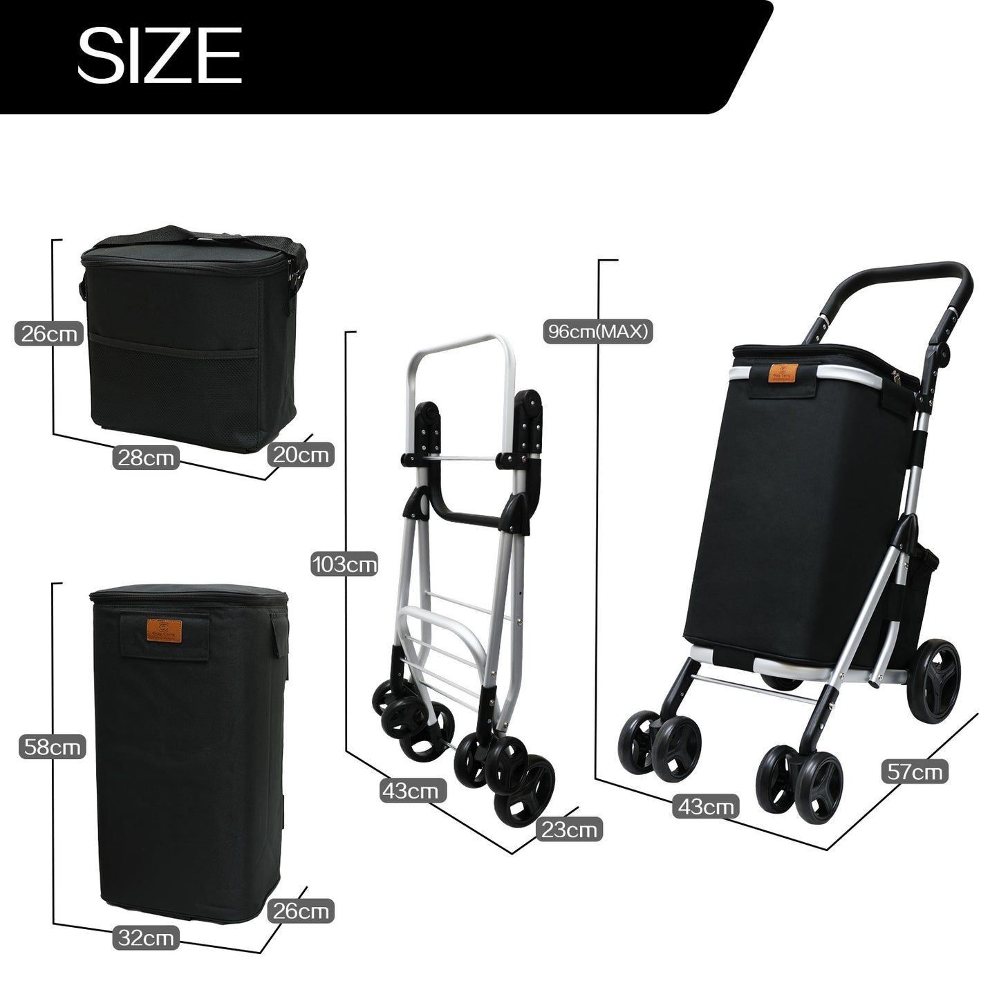 Shopping Trolley with Cooler Bag Lightweight Foldable Grocery Cart with Brake Adjustable Handle for Supermarket, Picnic and Outdoor Use
