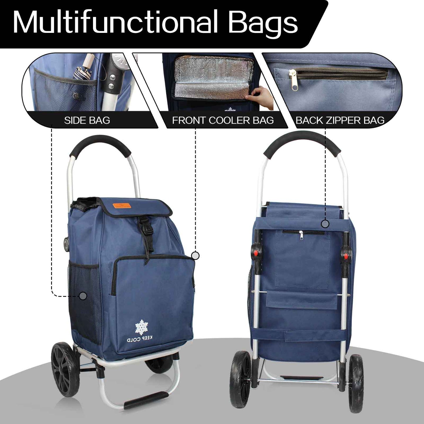 Shopping Trolley Foldable Shopping Grocery Cart with Cooler Bag