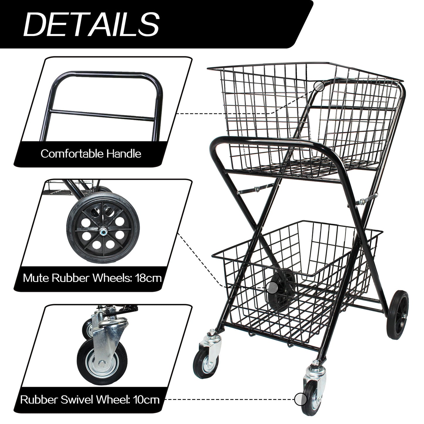 Heavy Duty Double Basket Shopping Trolley Collapsible Folding Tennis Ball Cart