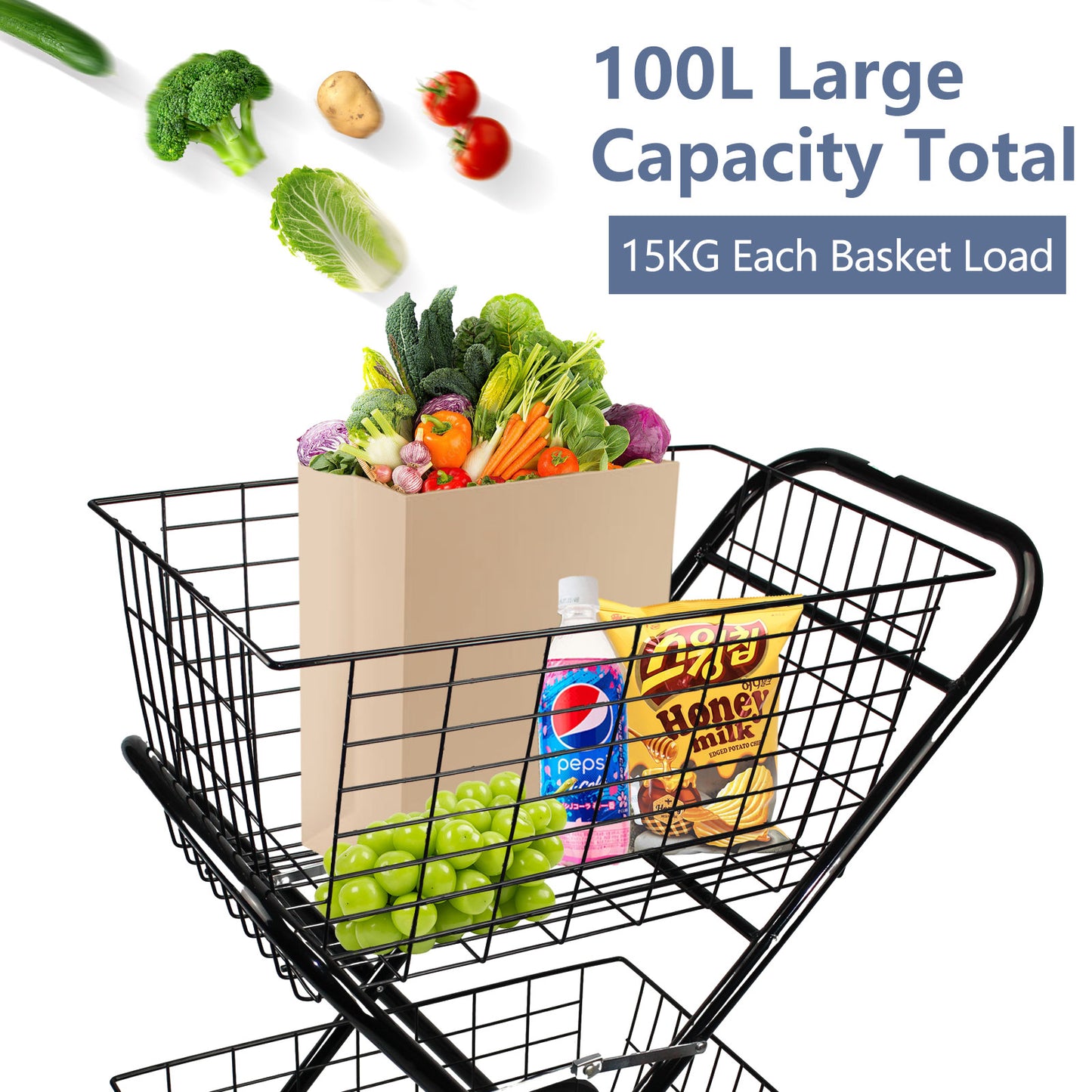 Heavy Duty Double Basket Shopping Trolley Collapsible Folding Tennis Ball Cart