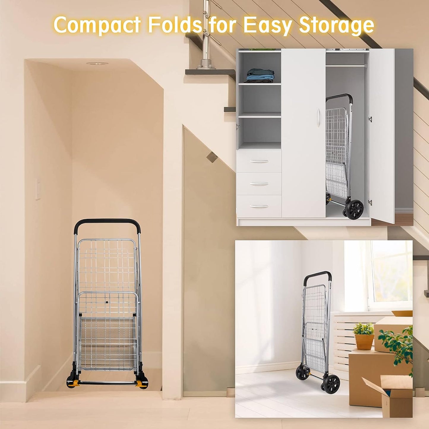 Heavy Duty Shopping Trolley Cart with Wheels and Brake Foldable Steel Mesh Base Grocery Cart for Market and Daily Shopping