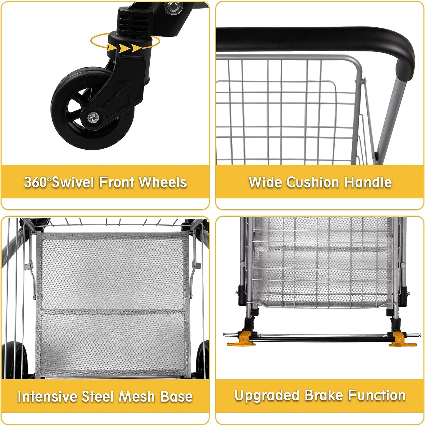 Heavy Duty Shopping Trolley Cart with Wheels and Brake Foldable Steel Mesh Base Grocery Cart for Market and Daily Shopping